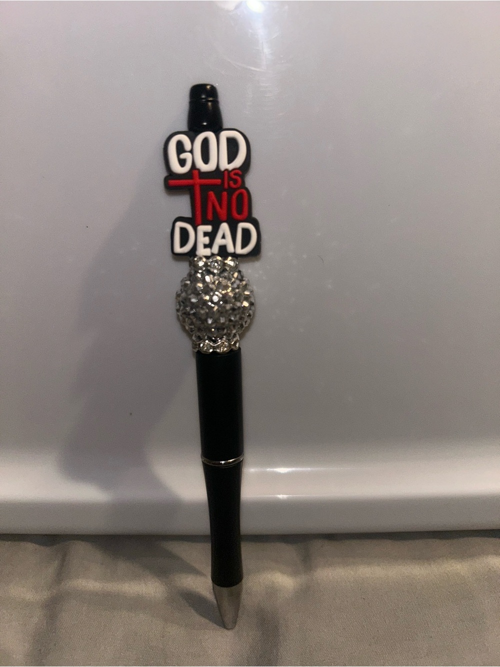 Hand Crafted Black Pen with God Is Not Dead Topper and Rhinestone Accent